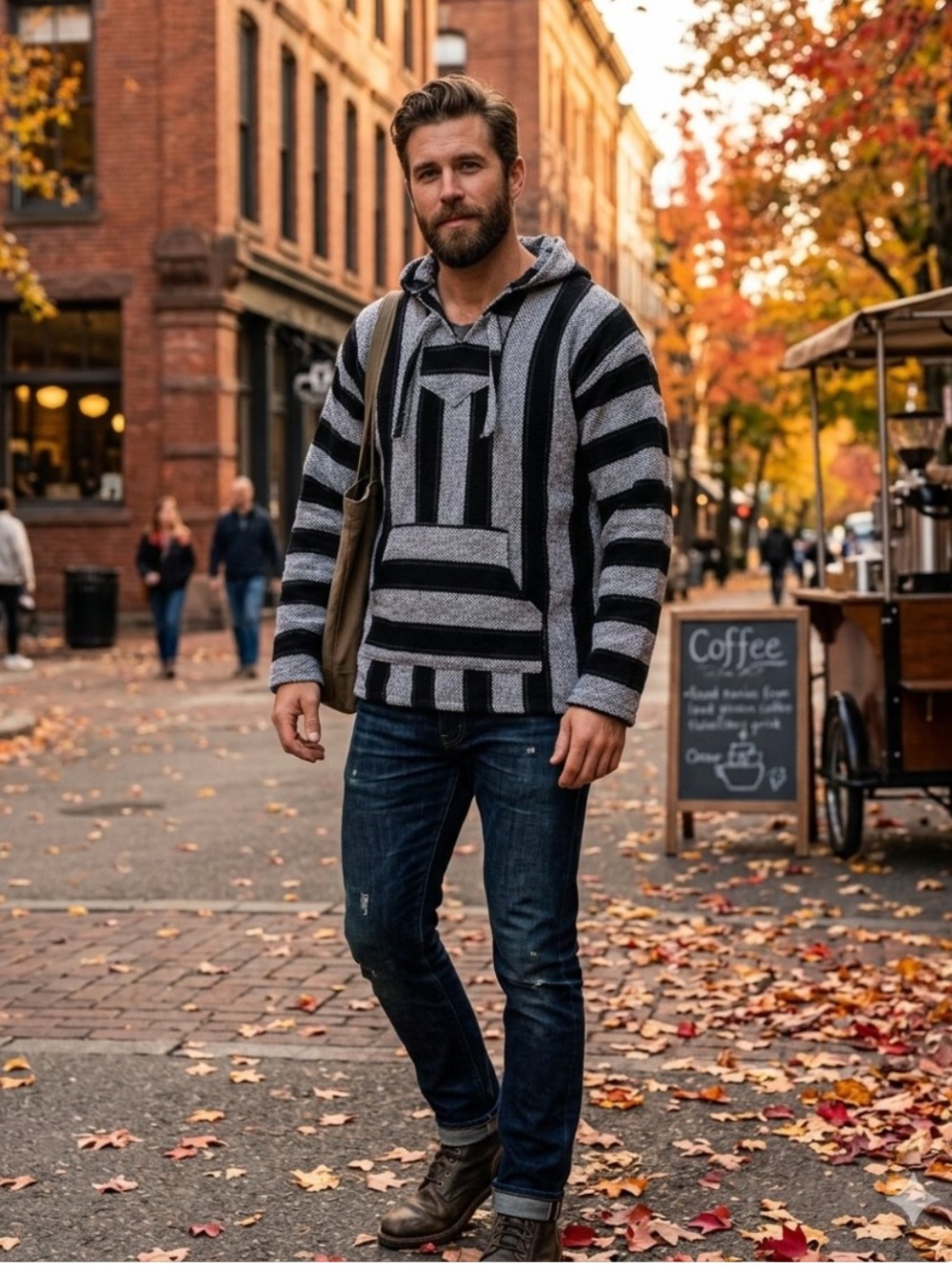 Retrofit VTG Baja Hoodie Mexican Poncho Stripe L